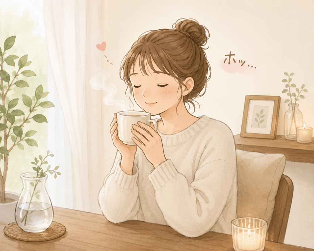 白湯を飲んでホッとしている50代女性のイラスト