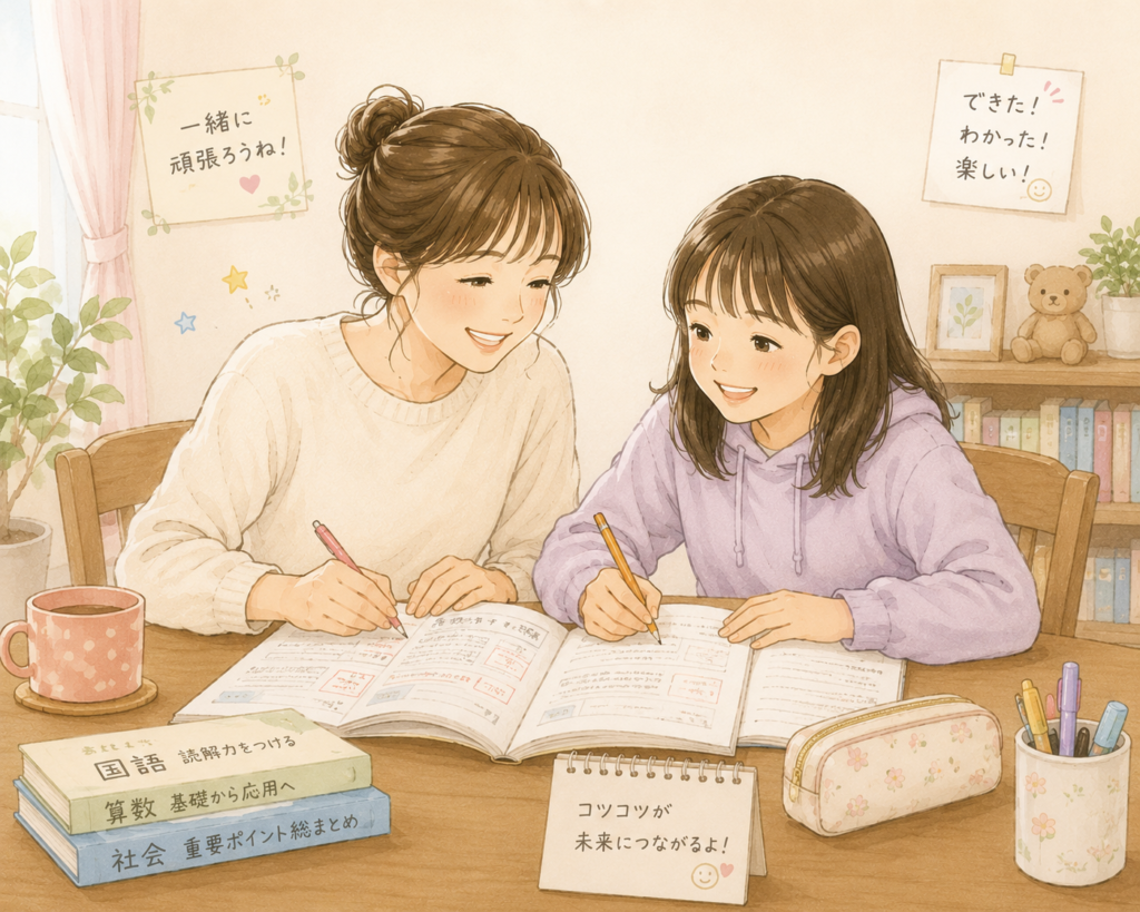 母と娘が楽しく中学受験にむけて勉強しているイラスト