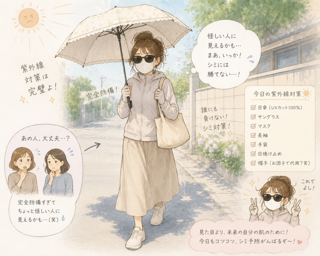 紫外線を避けるために日傘挿してサングラスしてマスクして長袖きている女性のイラスト