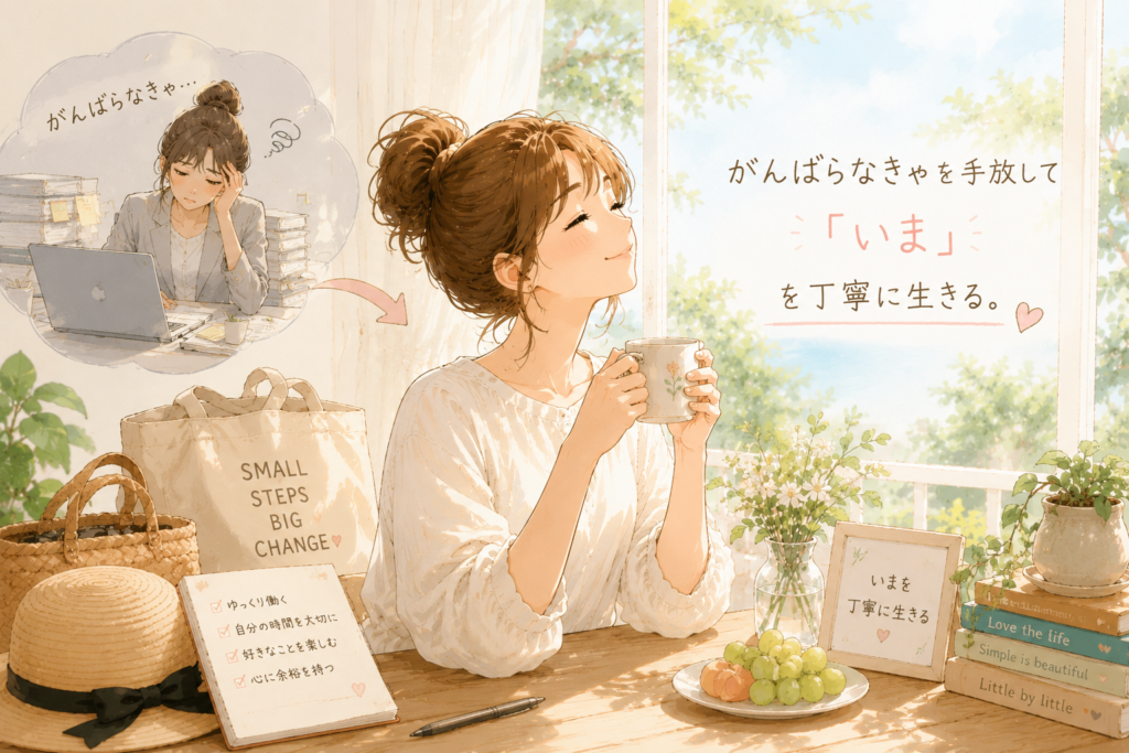 「がんばらなきゃ」を手放して「いま」を大切に丁寧に生きると決めた女性のイラスト