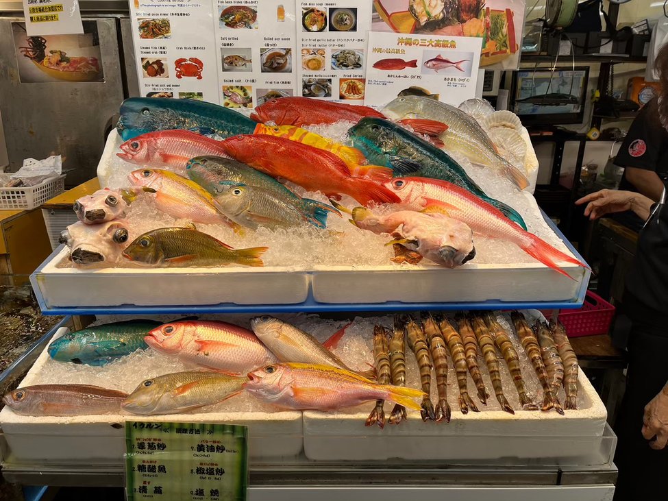 沖縄の牧志市場の魚がたくさん並んでいる写真