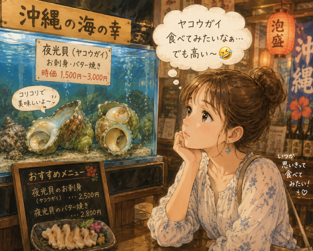 憧れの夜光貝を食べたいけど高くて悩んでいる女性のイラスト