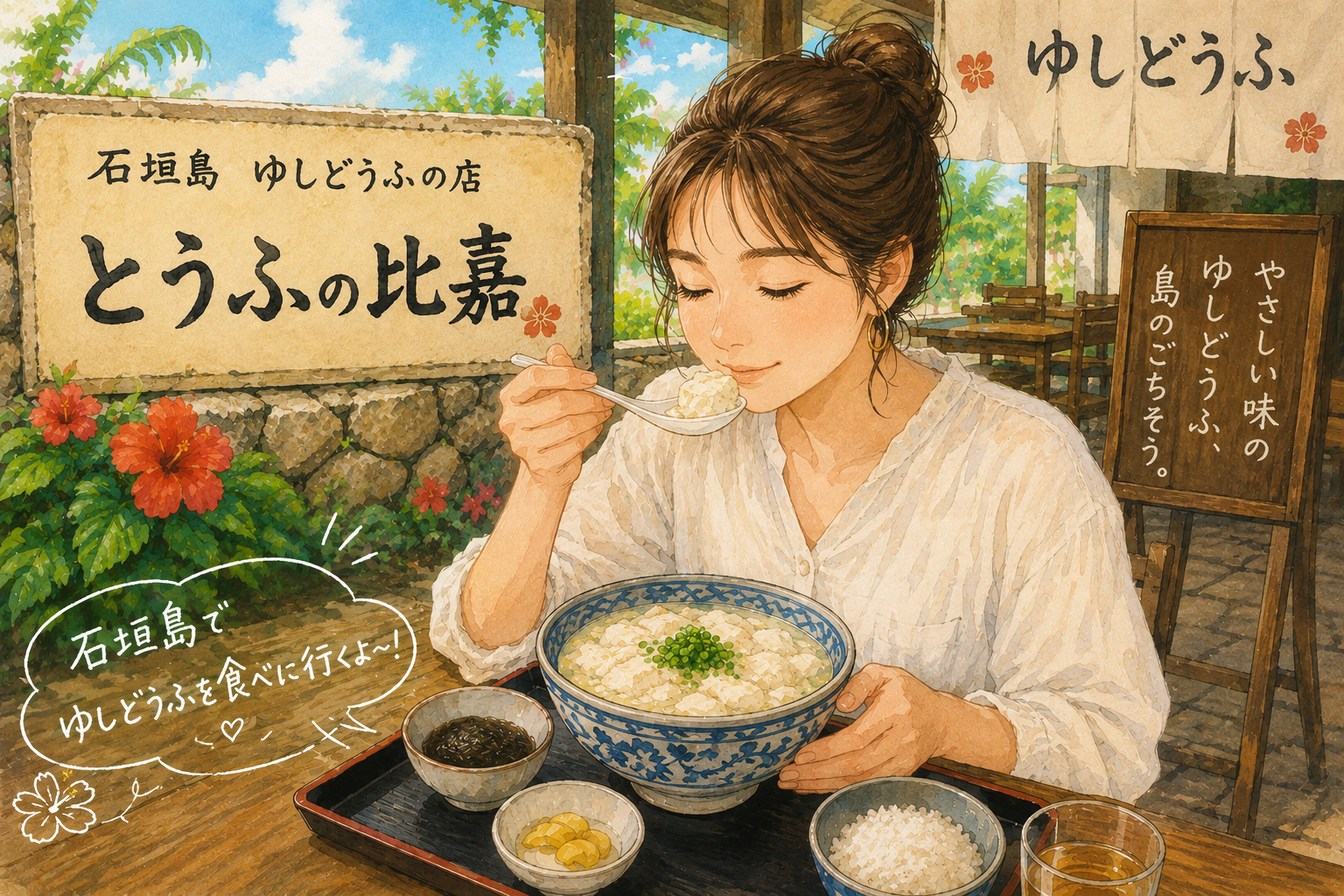 石垣島のとうふの比嘉でゆし豆腐を食べている50代女性のイラスト