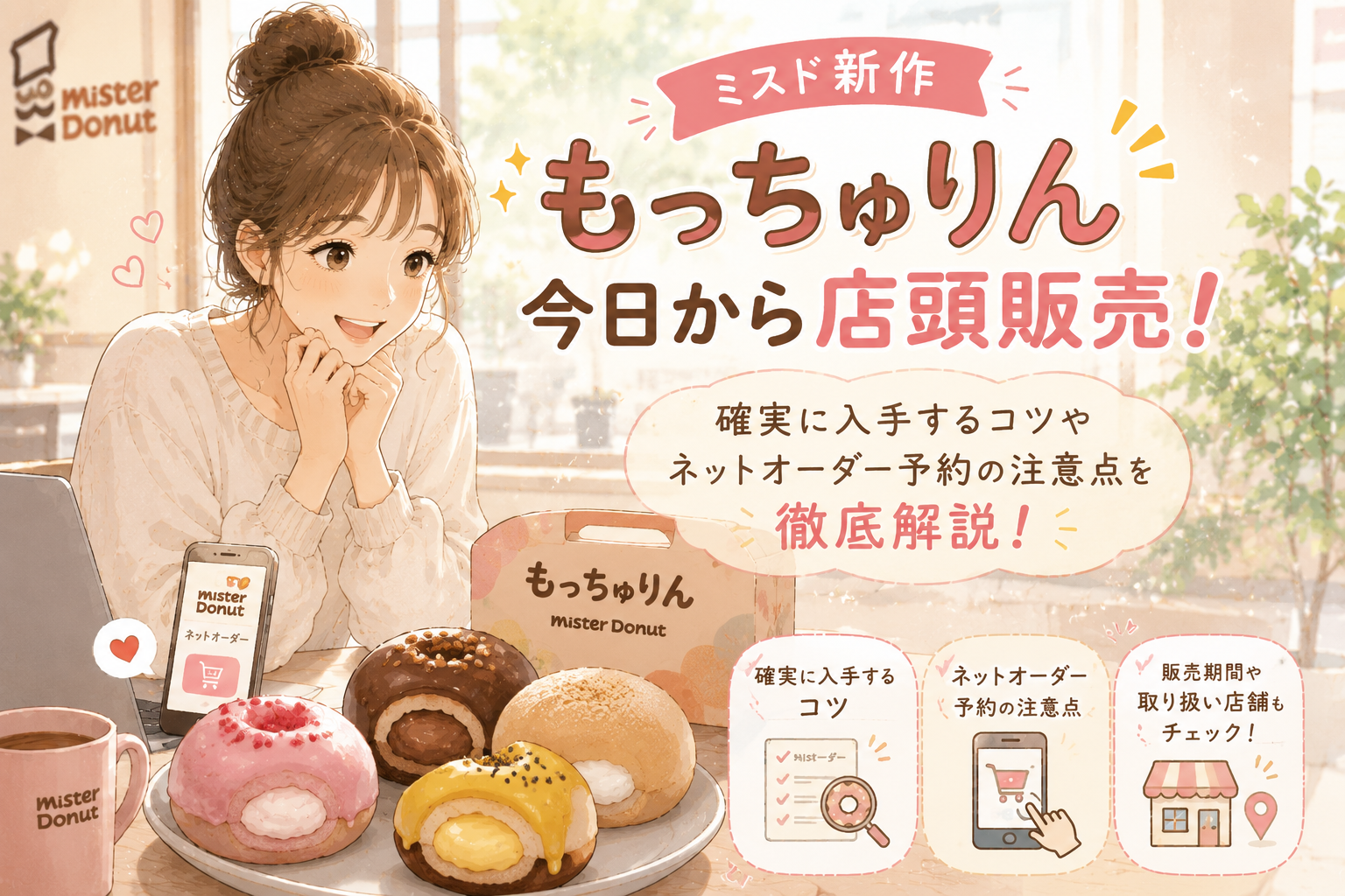 ミスドのもっちゅりんを前に喜んでいる女性のイラスト
