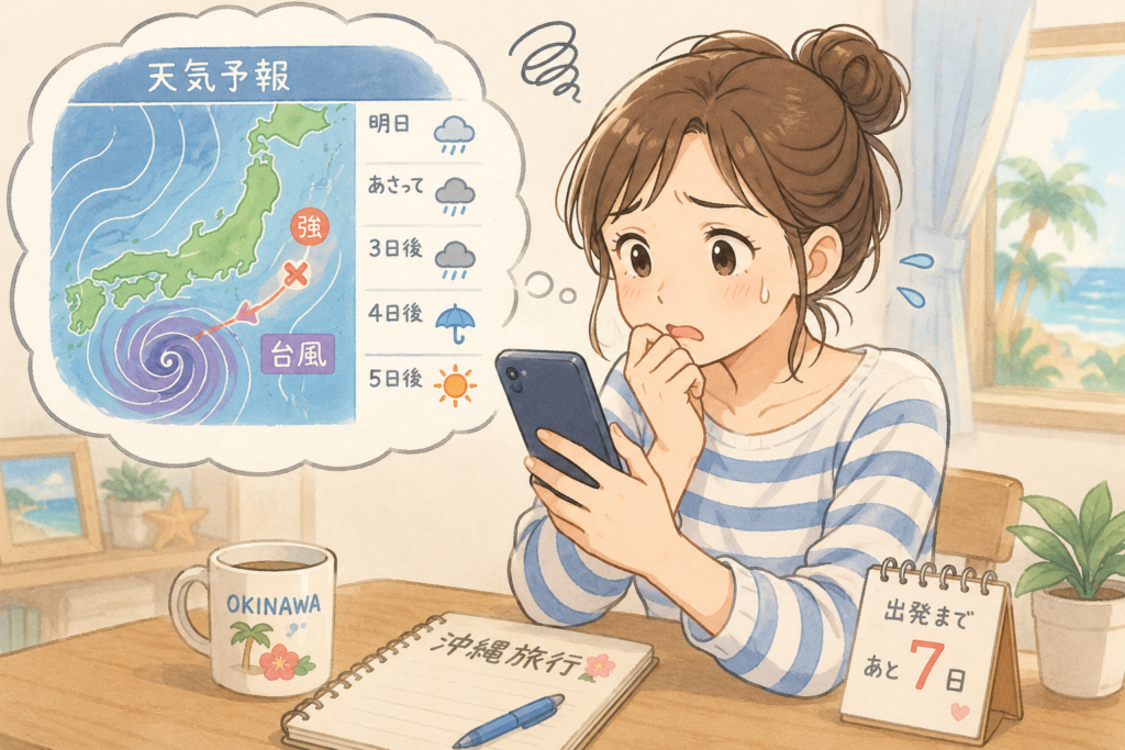 台風情報をスマホで確認して不安がる女性