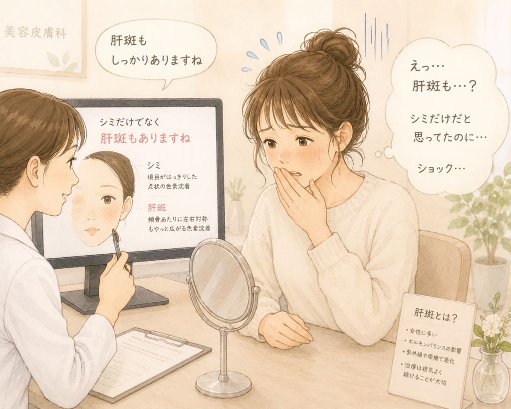 女性が美容皮膚科でシミや肝斑があると言われショックを受けているイラスト