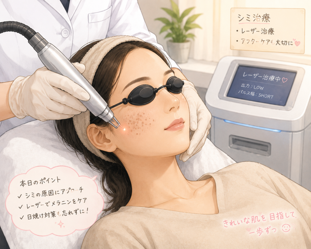 シミ取りレーザーを受けている女性のイメージイラスト